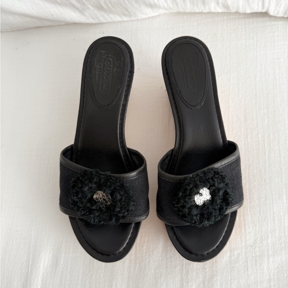 Coach Jazmin Black Leather & Cork Wedge Sandals - Picture 2 of 8
